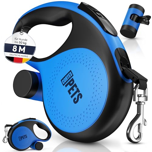 CORTES PETS rullkoppel hundkoppel 8m för stora och små hundar upp till 50 kg – utdragbart hundkoppel 8 m med bajspåse – infällbart – flexi belt – utdragbart koppel (blå, XL | 8m | 50kg)