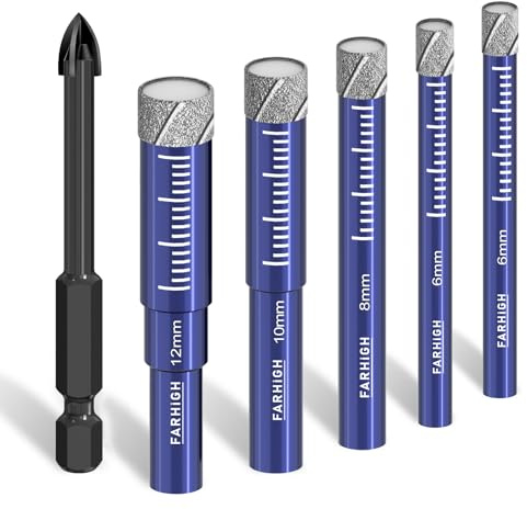 6 Pcs Diamond Drill Bit Set for Porcelain, Tile, Ceramic, Pots, Glass, Granite, Concrete, Masonry, Stone, Tile Drill Bits 1/4, 5/16, 3/8, 1/2 with Carbide-Tipped Drill Bit 1/4