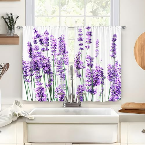 Treer 2 Stück Scheibengardine Bistrogardine Blumen Drucken Gardinen Kurz Vorhänge Verdunklungsvorhänge, Vorhang Blickdicht Waschbar Curtains für Küchen & Schlafzimmer (Lavendel,90x60cm)