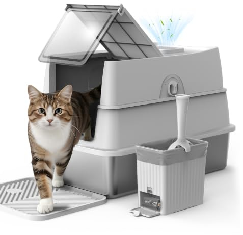 AIPERRO Stainless Steel Litter Box with Lid, XL Extra Large Metal Cat Litter Boxes for Big Cats Enclosed, Easy to Scoop with Scoop Set, High Sides Enclosure Anti-Urine Leakage Non-Sticky