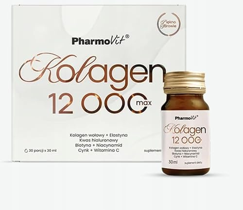 Pharmovit Collagen MAX 12.000 mg Trinkampullen | 30 x 30 ml (900 ml) | Flüssiges Nahrungsergänzungsmittel mit hydrolysiertem Kollagen | Premium Qualität