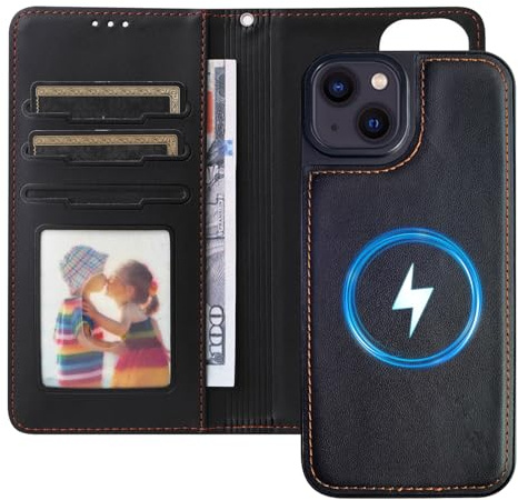 AoozeFon Mobilfodral för iPhone 15, MagSafe Kompatibel Magnetiskt hopfällbart skal, Avtagbart 2-i-1 360° stötsäkert flipfodral med trådlös laddning & RFID-blockerare & kortplats, Svart