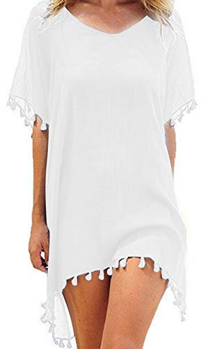 heekpek Vestido de Playa Traje de Baño Camisolas y Pareos Playero con Borla para Verano Bikini Cover up(Blanco)