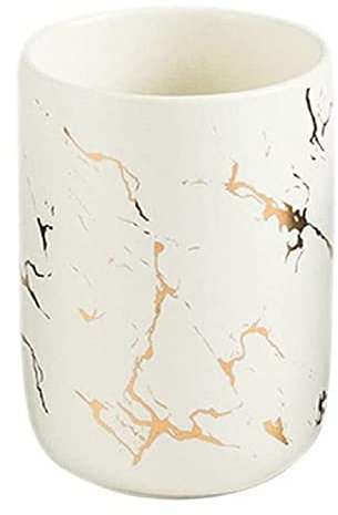 FülleMore Marmor Optik Rund Zahnputzbecher Zahnbürsten Tassen Badezimmerbecher Zahnbürstenbecher 10.5x7.5cm 300ml Keramik Zahnbürstenhalter für Bad, Zahnbürste, Zahnpasta (Weiß)