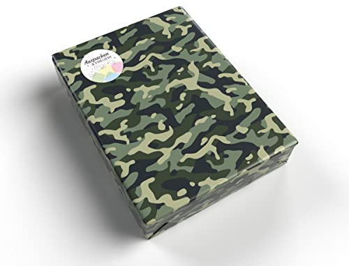 Geschenkpapier für Männer Military grün Camouflage Camo design Geschenkpapier für kleine Geschenke für Geburtstag Weihnachten (5 Bögen + 5 Aufkleber Geschenke + 18 Verschlusspunkte)