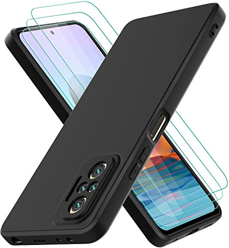 Oureidoo Funda para Xiaomi Redmi Note 10 Pro con 3 Unidades Cristal Templado, Carcasa de Sedoso-Tacto Suave Silicona Líquida, Cubierta a Prueba de Golpes con Forro de Microfibra, Negro