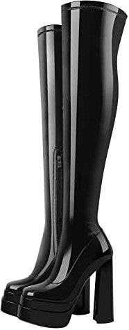Only maker Damen Plateau Stiefel Overknee Stretch Boots mit Blockabsatz Seitlicher Reißverschluss Lack Schwarz 42 EU