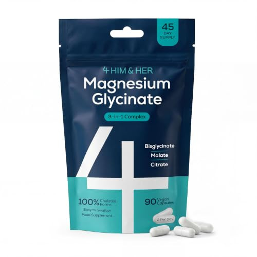 Magnesium Bisglycinat Komplex Hochdosiert 3-in-1 mit B6, 4 HIM & HER | 1279mg Bisglycinat, Citrat & Malat mit B6, 250mg Elementar, Vegan, Laborgeprüft, 90 Kapseln, 45 Tage