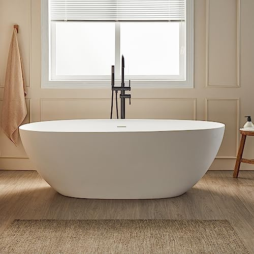 Cpingao 71 Stone Resin Freestanding Bathtub, Contemporary Oval Stand Alone Soaking Tubs, Solid Surface Bathtub with Drain & Integrated Slotted Overflow Matte White 8845-1800