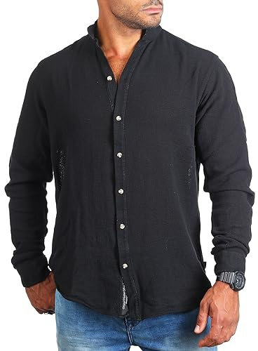 Carisma Herren Langarm Sommer Hemd trendig luftig grob gewebt Retro Look 9171/8567, Grösse:L, Farbe:Schwarz