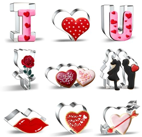 Jremreo 9-teiliges Valentinstag-Ausstechformen-Set, Mini-Ausstechformen aus Edelstahl, romantisch, mit Pfeilherz, Paar, Herz, I Love You, Lippen, Zwillingsherzen und Rosen-Backform-Dekorationen