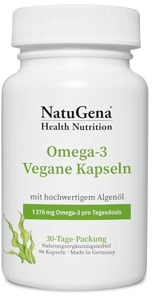 NatuGena Omega-3 vegane Kapseln, hochrein aus Schizochytrium sp., 1376 mg Omega-3 pro Tagesdosis, 90 Kapseln (30 Tage Packung)