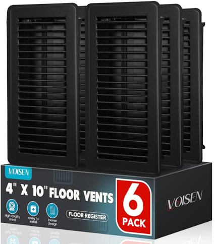 VOISEN Rejilla de ventilación ajustable de acero negro de 4 x 10 pulgadas, 6 rejillas de ventilación para pared lateral y suelo
