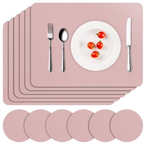 APLKER Tischset Leder 6er Set - Kunstleder Platzset Abwaschbar, Hitzebeständig Doppelseitigen Wasserdicht Platzdeckchen Lederoptik mit Tischuntersetzer rutschfest, 16 x 12 Zoll (Rosa)
