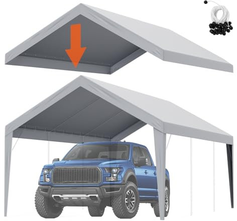 VEVOR Toile d'auvent de Rechange abri de Voiture, 6,1 x 3,7 m, bâche de Tente de Garage, imperméable protégée Contre UV, élastiques à Billes, Gris (Couverture supérieure Uniquement, Cadre Non Inclus)