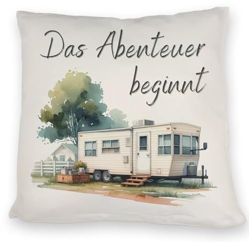 speecheese Wohnwagen Kissen mit Spruch Das Abenteuer beginnt Gemütliches HeimKissen für Wohnmobil- Anhänger Camping-Flair im mobilen Wagen