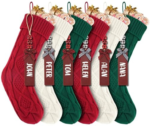 DigiGlow 6PACK 18Inch Cable Knitted Christmas Stockings, Personalized Hanging Stockings for Holiday Party, Christmas Tree, and Family Home Decor in Red, White, Green