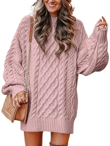 Women Long Sleeve Oversized Cable Knit Chunky Baggy Loose Pullover Tunic Mini Sweater Dress Trendy Fall Outfits(Pink,M)