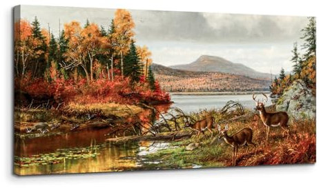 MHARTK66 Herbstlicher Seeblick Leinwand Bilder, 50x100 cm Groß Wandbilder Wohnzimmer Hirsch Bild Aesthetic, Modern Tier Wanddeko Kunstdruck Schlafzimmer Badezimmer Büro Esszimmer Küche