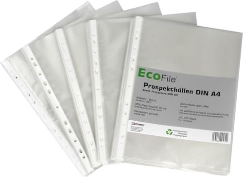 Prospekthülle A4 100 Stück nachhaltig aus Post-Consumer-Recycling PP 80 my transparent genarbt, mit Abheftrand, Schmalseite oben offen – 80 my