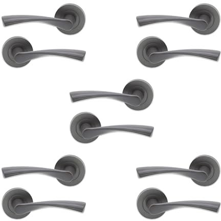 Infinity Decor Pack of 5 Twisted Lever Latch Door Handles on Round Rose Set Gun Metal Grey Passage Pull Handles – for Interior & Exterior Use