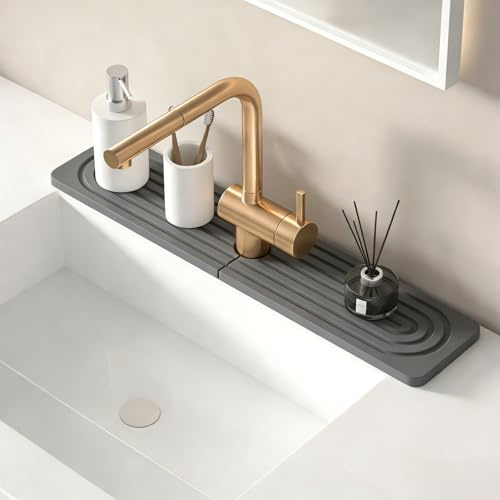 yolzhxe Abtropfmatte Wasserhahn, Kieselgur Wasserhahn Matte 60x10cm（Grau） | Schnelltrocknend Stone Faucet Mat, Abtropfmatte Stein Küchenspülbecken Wasserhahnmatte für Küchen und Badezimme