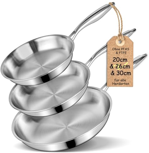 Terlulu Set di 3 padelle in acciaio inox 20/26/30 cm – Padella in acciaio inox non rivestita e padella a induzione, senza PTFE/PFAS/PFOA, per tutti i piani cottura, riscaldamento rapido, lavabile in