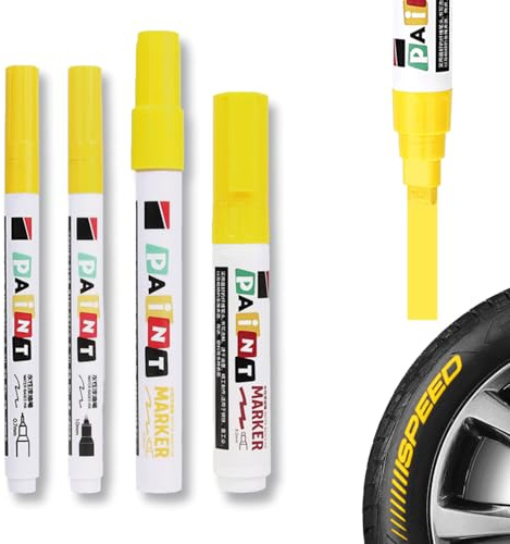 LEMONSTONE 4 Stück Reifenstift Gelb Wasserfest, 0,7–8 mm Lackmarker | Vier Spitzenbreiten, hohe Deckkraft, schnelltrocknend, Reifenmarker für Auto, Motorrad, Gummi, Metall, Glas, Holz, Stein
