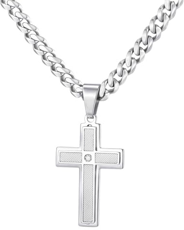 meberg Karma NH11410207 Halskette mit Kreuz Silber Herren Edelstahl 50 cm Kette Panzerkette Herrenschmuck Edelstahlkette Männer Herrenhalskette Geschenk für Ihn wasserfest hypoallergen