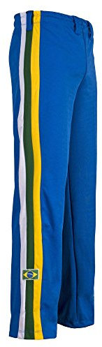 JL Sport Authentische Brasilianische Capoeira Kampfsport Unisex Hosen (Blau Mit Brasilien Nationalfarben Entlang Der Vertikalen Bein Streifen) - M