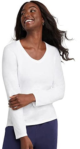 Hanes Women's Originals Long Sleeve Cotton T-Shirt, Lightweight V-Neck Tee, Modern Fit, White, M