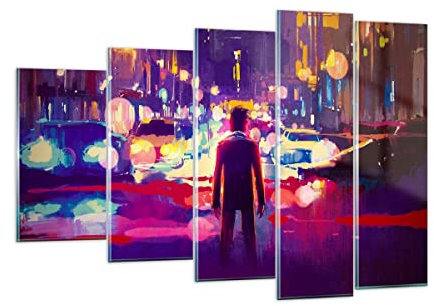 Mehrteilige Bilder auf Glas 150x100cm Glasbild futuristisch Grafik Stadt Beleuchtung Groß XXL Wanddeko Schlafzimmer Küche Set 5 teilige Wandbilder Dekoration Wohnzimmer Modern Wand Art GEG150x100-3189