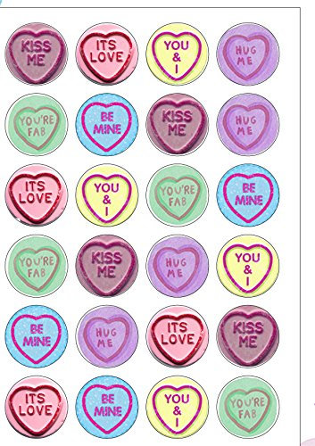 24 PRECUT Love Heart Sweets Themed Edible Wafer Paper Round Cake Toppers - Perfect for Valentines Day