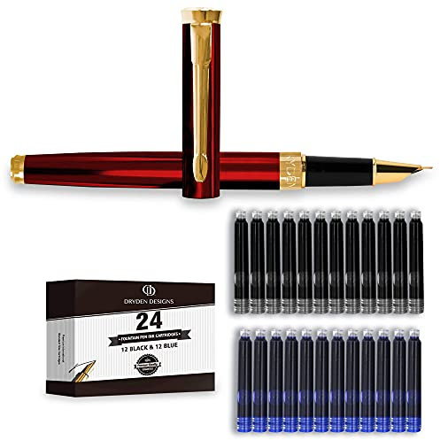 Dryden Designs Fountain Pen Fine Nib - Includes 24 Ink Cartridges - 12 Black and 12 Blue - Red - Smooth Elegant Writing with Ink Converters