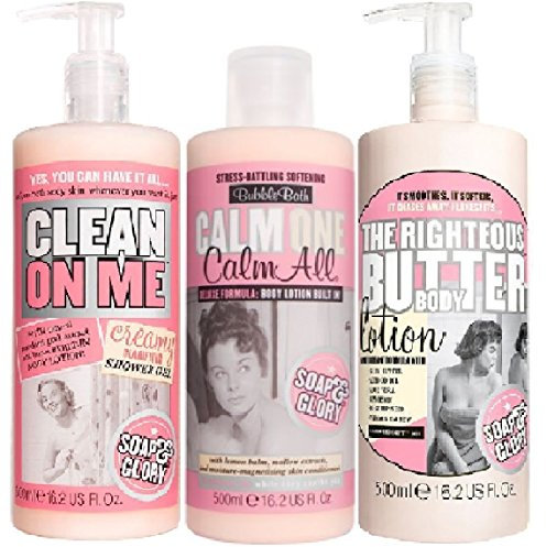 (3 PACK) Soap & Glory Clean On Me Clarifying Shower Gel x 500ml & Soap & Glory Calm One Calm All Bubble Bath x 500ml & Soap & Glory The Righteous Butter Body Lotion x 500ml