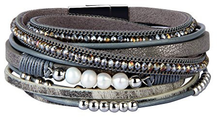 JOYMIAO Frauen Lederarmband Multilayer geflochten Boho Pearls Wickelarmband für Mädchen (Grau)