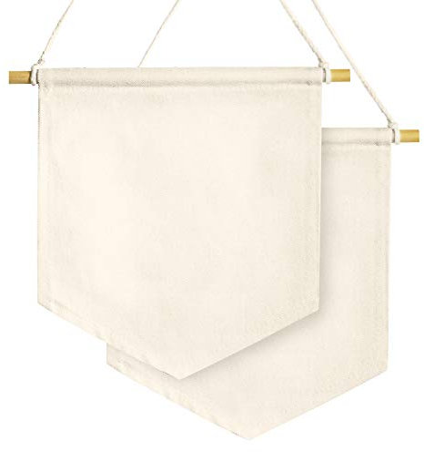 Anley Blank Wall Canvas Banner - Leeres Stoffabzeichen & Holzdübel & vorgebundene Schnur - Dekorative DIY-Plakette, Display für drinnen, Babyparty, Hochzeit, Abschlussfeier (2St.)