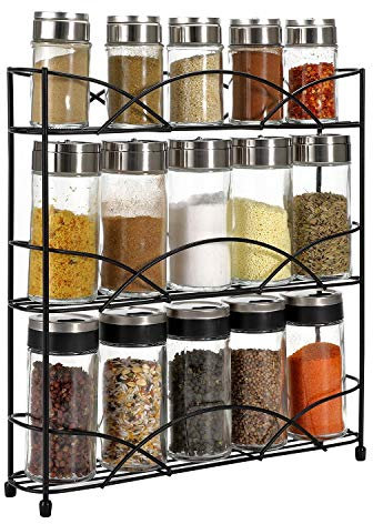Vinsani 3-Tier Spice Rack – Freestanding Kitchen Shelf Organiser for Herbs, Spices, Jars & Bottles – Space-Saving Countertop & Cabinet Storage, Chrome-Plated Iron - Black