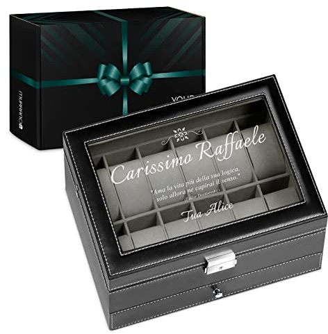 Maverton Cofanetto Porta Orologi e Gioielli con 12 scomparti e 1 cassetto - Custodia Orologi - Coperchio in vetro - Fodera in velluto - incisione personalizzata - regalo uomo - Vita