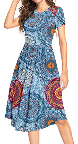 PCEAIIH Women Short Sleeve Polka Dot Dress Modest Teacher Midi Casual Dress with Pockets (XL, Mix Blue)