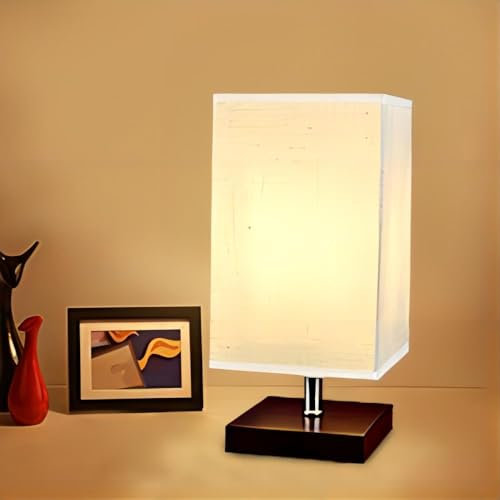 Depuley Bedroom Table Lamp Bedside LED Lights Square Desk Lamp Beige Fittings with Fabric Shades and Solid Wood Base, Nightstand for Living Room Modern, Office, Kids (4W E27 Bulb Included)