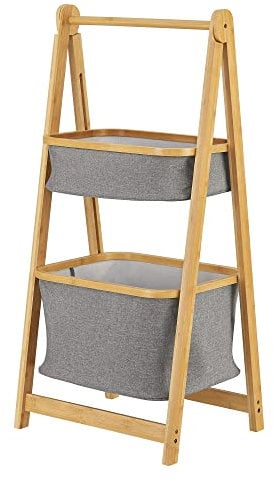 [en.casa] Bambus Leiterregal Värnamo 97x45x36 cm Natur/Grau Holzregal Badezimmerregal mit 2 Körben Badregal Bambusregal zusammenklappbar