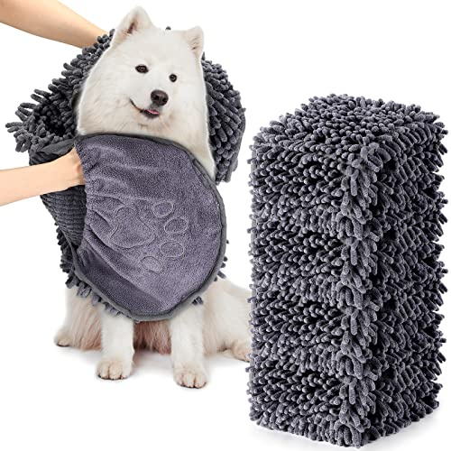4 Stück ultra-saugfähiges Hundehandtuch aus Mikrofaser, schnell trocknend, großer Hund mit Handtaschen, waschbar, Chenille-Stoff, Hundehandtuch für Hunde, Katzen, 81.3x35.6 cm, Grau