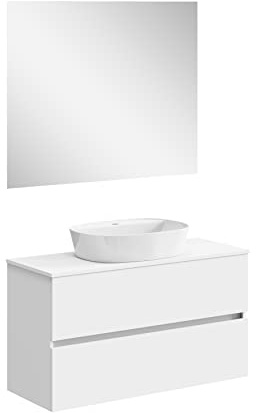 Baikal Mueble de Baño Onyx. Mueble MONTADO, Mueble 2 cajones. Mueble Baño con Lavabo. Mueble Suspendido. Armario de Pared. Lavabo Cerámico. Incluye Espejo. 100cm Blanco.