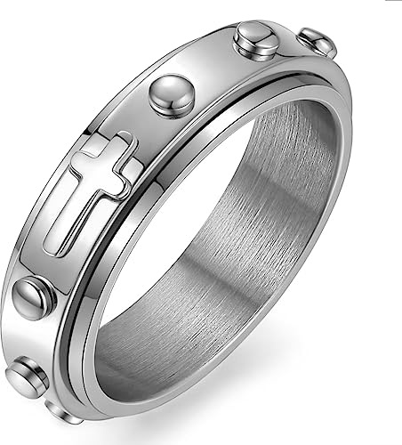 Adreamz 6 mm Spinner Ring zur Angstlinderung Fidget mit Rosenkranz Perlen Kreuz Lord Gebet Silber/Schwarz/Gold/Rotgold Edelstahlring, 6mm, Metall, Kein Edelstein