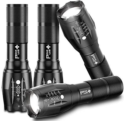 PeakPlus LED Flashlights High Lumens, Tactical Flash Lights [4 Pack] - Super Bright Waterproof Zoomable 5 Modes - Powerful Handheld Flashlight for Emergencies, Camping, Outdoor, Dog Walking