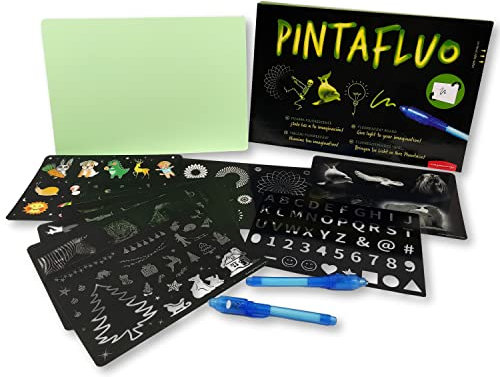 PINTAFLUO, Zaubertafel für Kinder. Mit Licht zeichnen. Doppelseitige Tablette mit doppelter Dicke. Enthält 2 Stifte, 10 Vorlagen zum Zeichnen und Nachzeichnen. (A4 Größe)