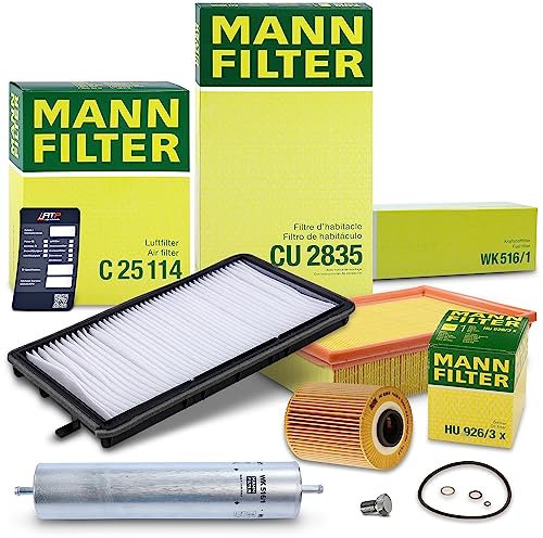 MANN-FILTER Inspektionspaket Filterset 1x Ölfilter, 1x Luftfilter, 1x Innenraumfilter, 1x Kraftstofffilter, 1x Ölablassschraube mit Dichtung Kompatibel mit BMW 3er (E36), 3er Touring (E36)