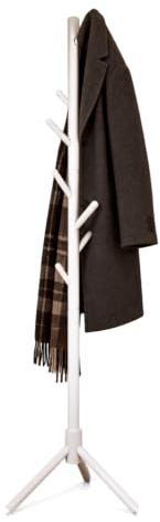 keypak Wooden White Freestanding Coat Rack 8 Hooks, Adjustable Height Stand | Hallway Coat Tree for Hanging Clothes, Jackets, Bags, Hats,