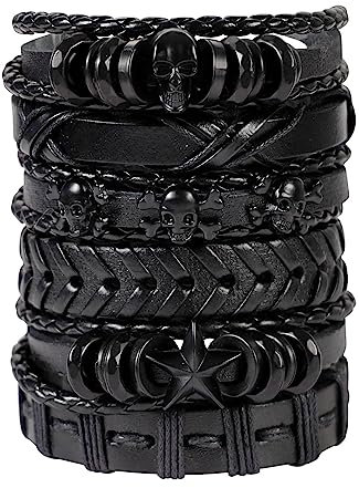 MILAKOO Goth Punk Black Skull Skeleton Star Accessories Braided PU Leather Bracelets for Men Women